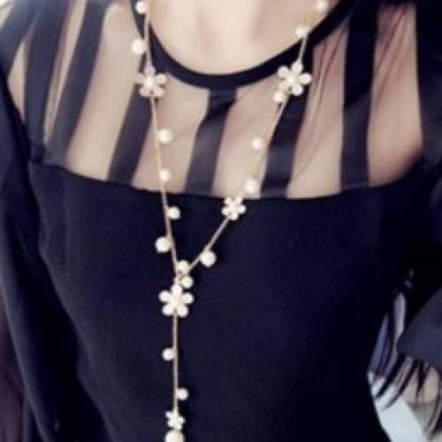 Temperament Pearls Flower Choker Gold Chain Long Necklaces